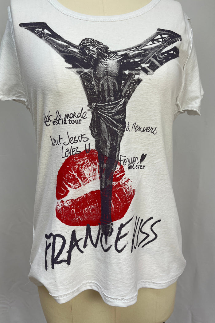 French Kiss Eiffel Cross White Tee