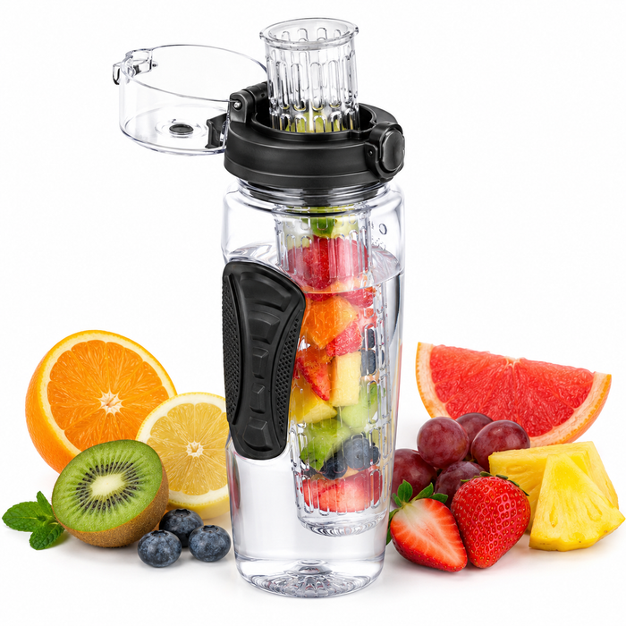Fruit infuser water bottle with removable filter, black lid, and fresh fruit on a white studio background.