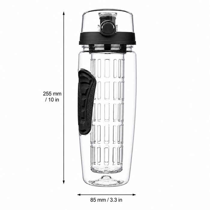 Clear water bottle with black lid and grip, showing dimensions on a white background