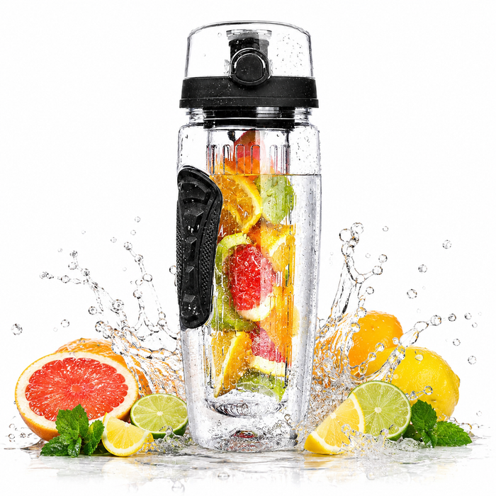Clear BPA-free fruit infuser water bottle with infuser basket, fresh fruit, and clean white background.