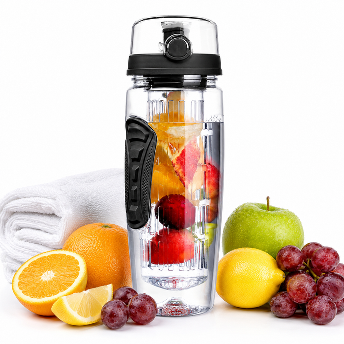 32 oz infused water bottle with fruit insert, leakproof lid, and commercial white background setup.