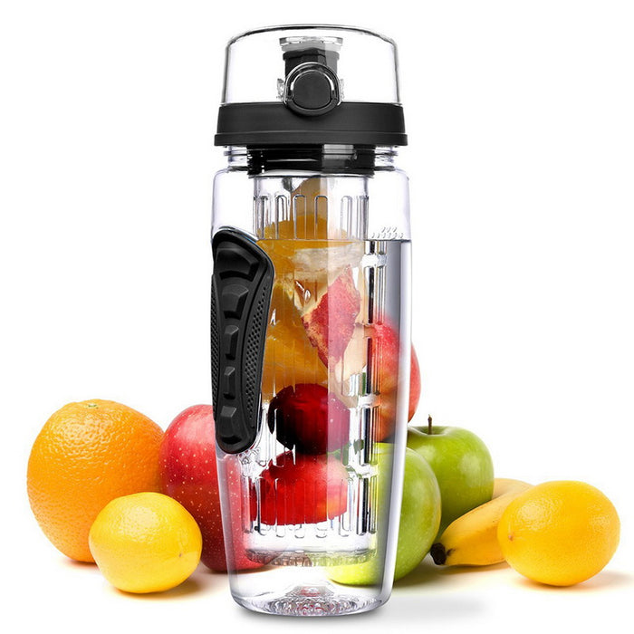 Reusable fruit infuser bottle with fresh citrus and berries, photographed in a clean white product scene.