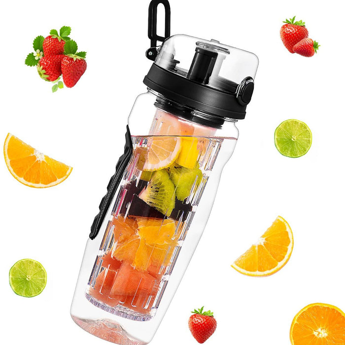Infuser water bottle with size display and fresh fruit, shown in a bright white commercial background.