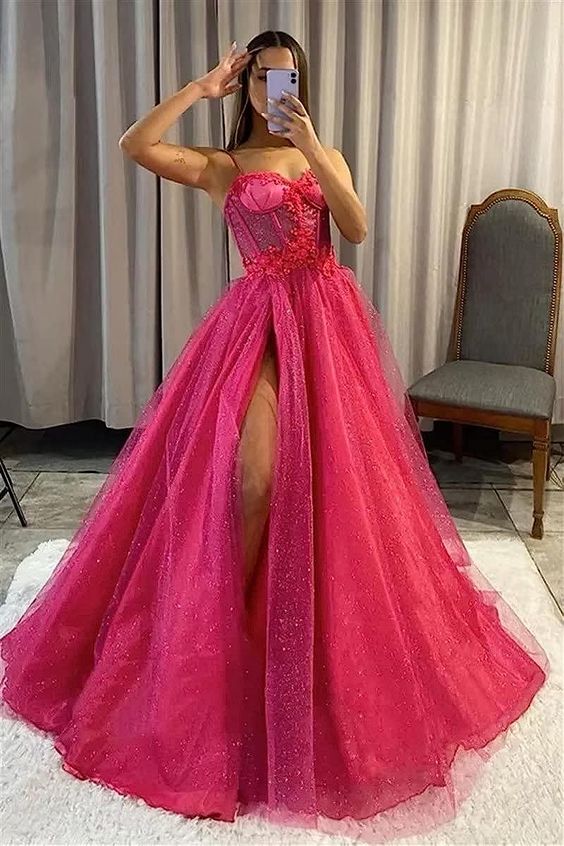 Fuchsia Prom Dress 2024 Spaghetti Straps Tulle with Slit