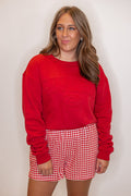 Women's red terry knit sweatshirt with embossed 'Georgia' in center by Gameday Social