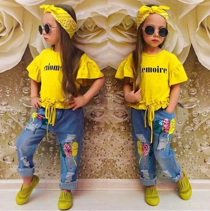 Girls Cotton Yellow T-Shirt Jeans Set | Cotton Girls Clothing Set