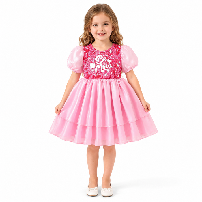Girls' pink sequin puff-sleeve dress on a child model, full front view on a white studio background.
