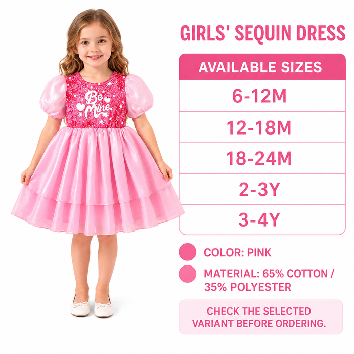 Girls' pink sequin dress size guide with child model, available sizes, color and material.