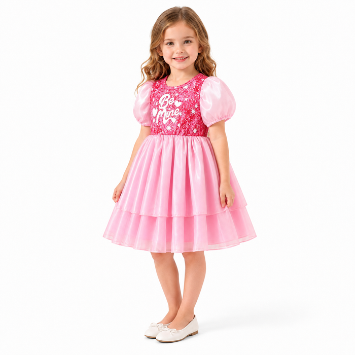 Girls' pink sequin puff-sleeve dress on a child model, three-quarter front view on white.