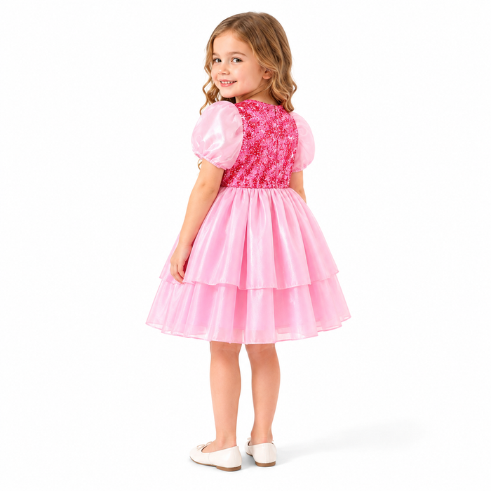 Back view of the girls' pink sequin dress showing puff sleeves and layered satin skirt.