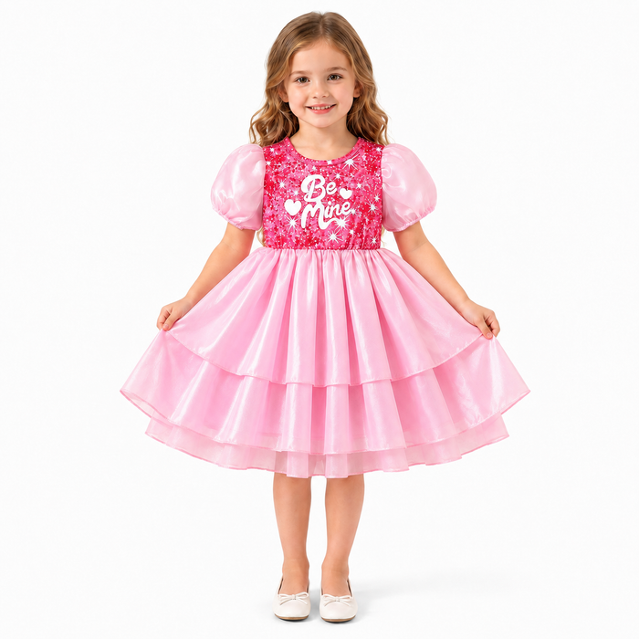 Girls' pink sequin dress on a child model with the tiered satin skirt held open for detail.