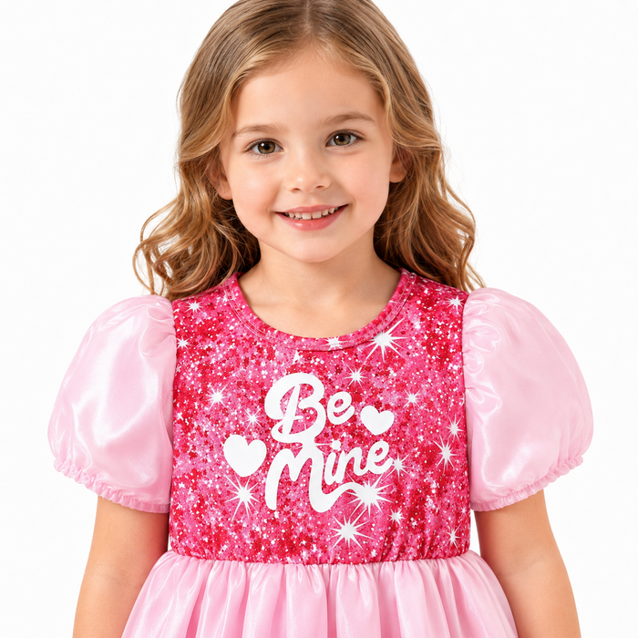 Close-up of the pink sequin bodice, Be Mine graphic and satin puff sleeves on a child model.