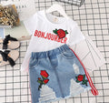 Girls White T-Shirt Denim Skirt Set | Girls Summer Outfit Set