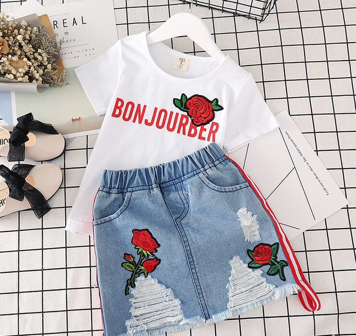 Girls White T-Shirt Denim Skirt Set | Girls Summer Outfit Set
