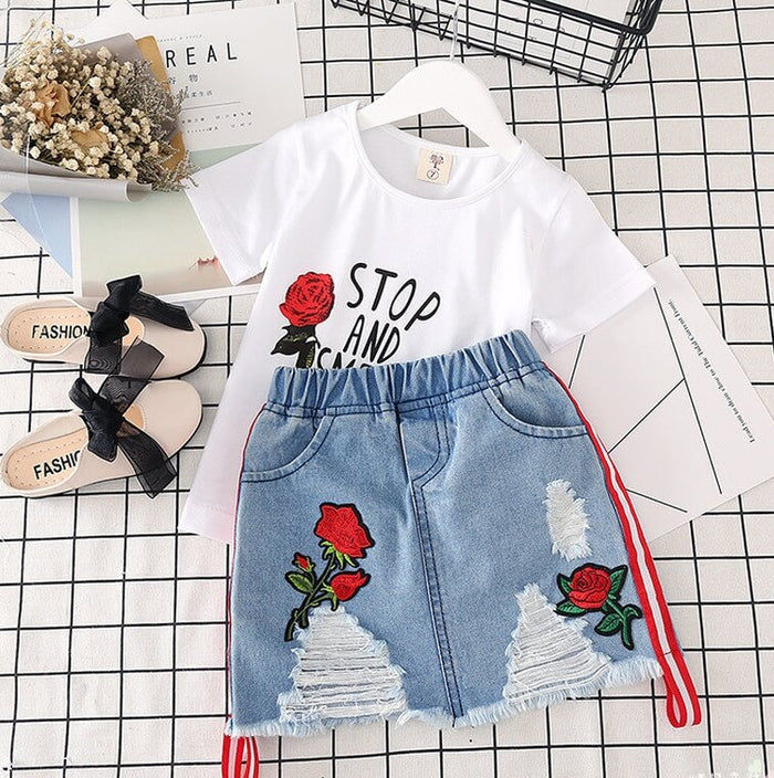 Girls White T-Shirt Denim Skirt Set | Girls Summer Outfit Set