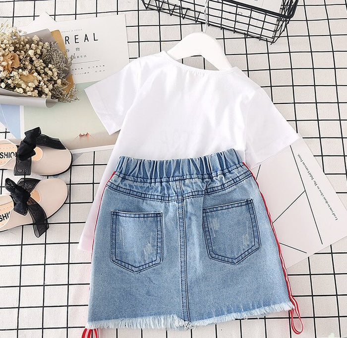 Girls White T-Shirt Denim Skirt Set | Girls Summer Outfit Set