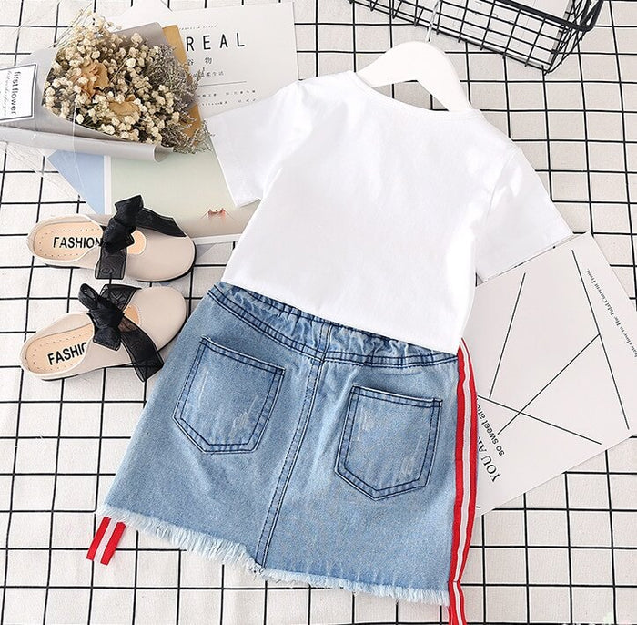 Girls White T-Shirt Denim Skirt Set | Girls Summer Outfit Set