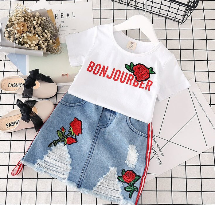 Girls White T-Shirt Denim Skirt Set | Girls Summer Outfit Set