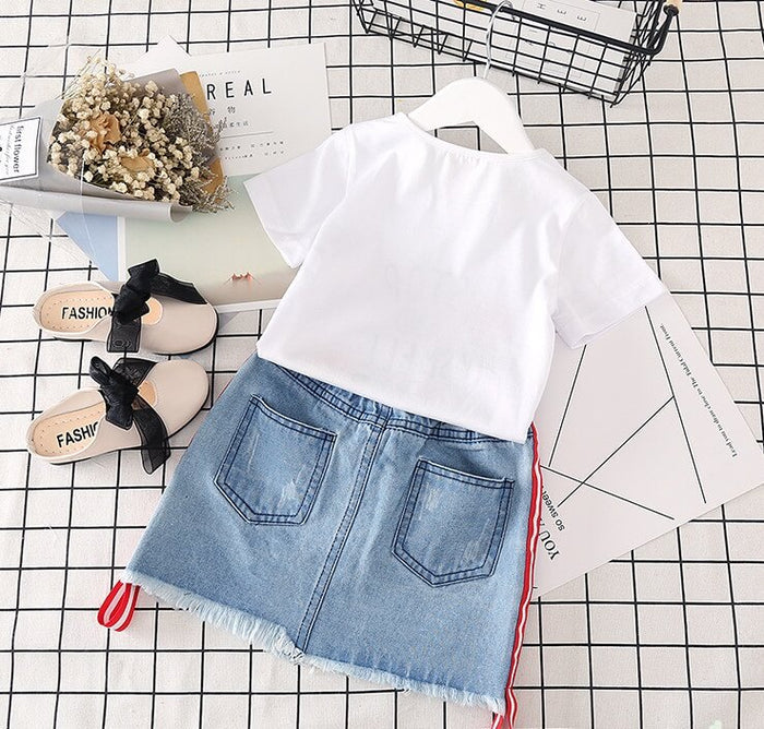 Girls White T-Shirt Denim Skirt Set | Girls Summer Outfit Set