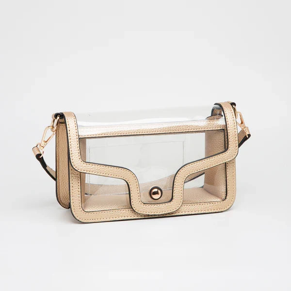 Clear shoulder crossbody bag with gold trim and interchangeable straps by Queens Designs