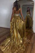 Gold Metallic Satin Prom Dress 2025 with Slit