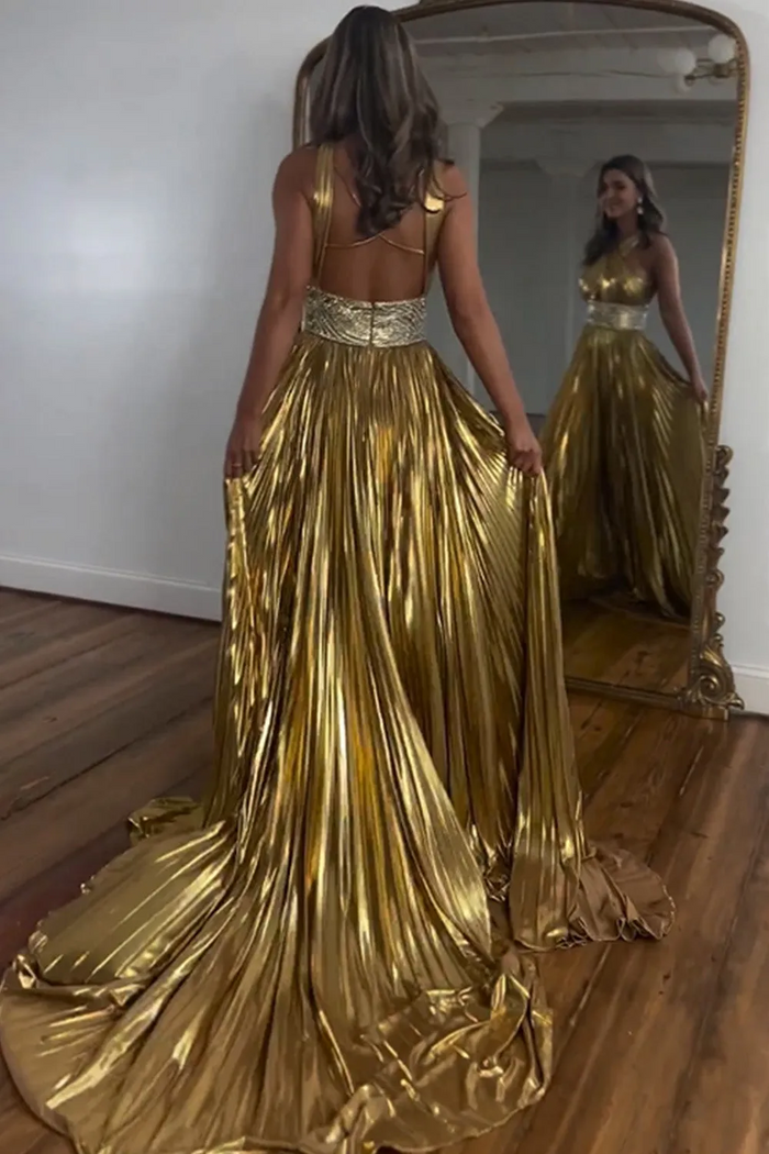 Gold Metallic Satin Prom Dress 2025 with Slit