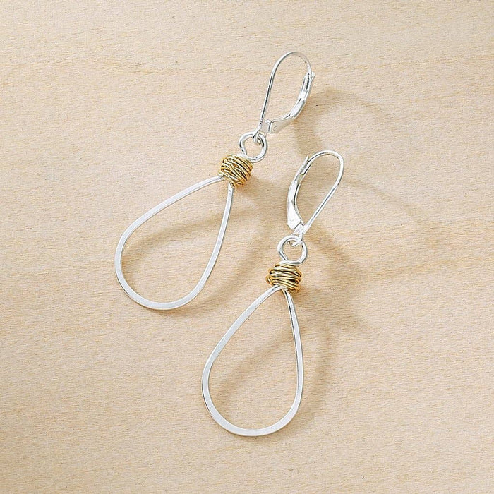 Gold Swirl Teardrop Earring Hammered Wire Sterling Silver