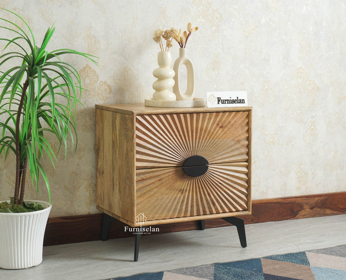 Greece Wooden Two Drawer Bedside Table Nightstand Furniselan Natural Finish