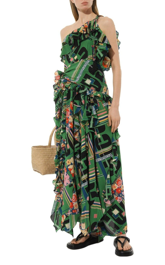 Gucci Green Floral Check - Print Ruffled Silk Gown - Runway Catalog
