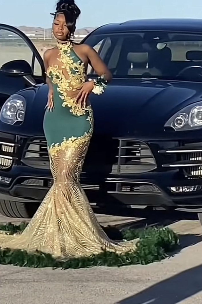 Green Gold Prom Dress 2025 for Black Girls with Feathers