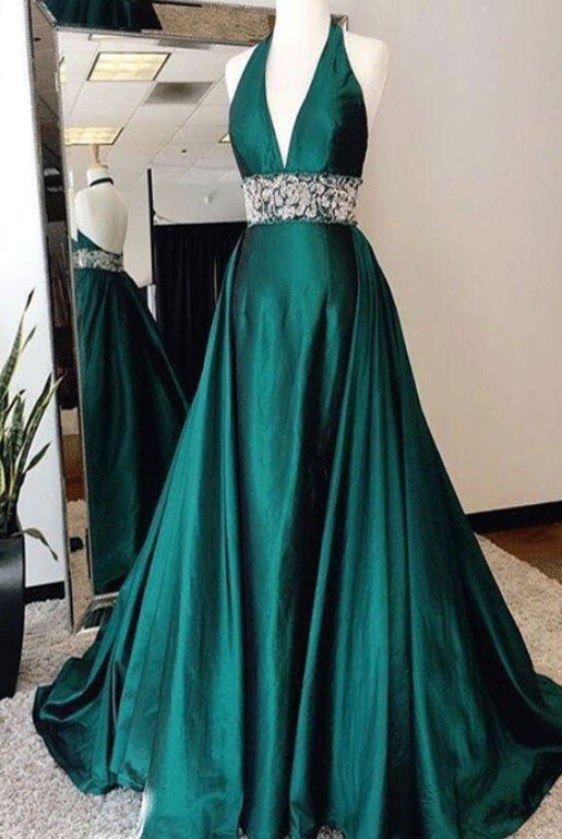 Green Prom Dress 2023 A-line Sexy Halter Neck Backless Satin with Pleats