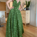 Green Prom Dress 2023 Spaghetti Straps V Neck with Pleats Corset Back