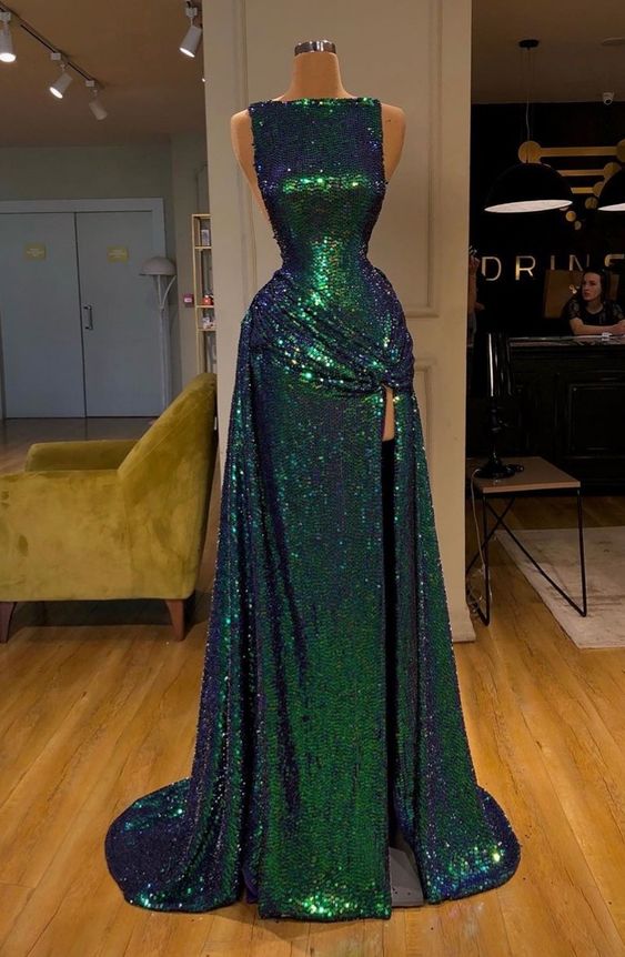 Green Prom Dress 2024 Sleeveless Sequin Slit Ruched