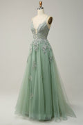 Green Prom Dress 2024 Spaghetti Straps Tulle Lace Appliques