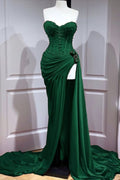 Green Prom Dress 2024 Sweetheart Beaded Satin High Split