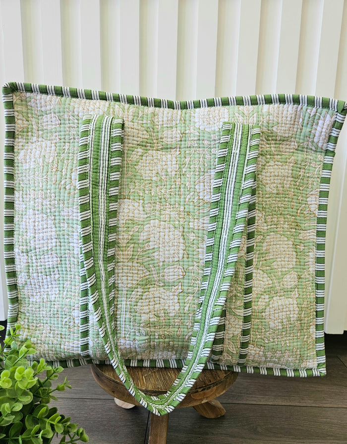 green floral quilted bag