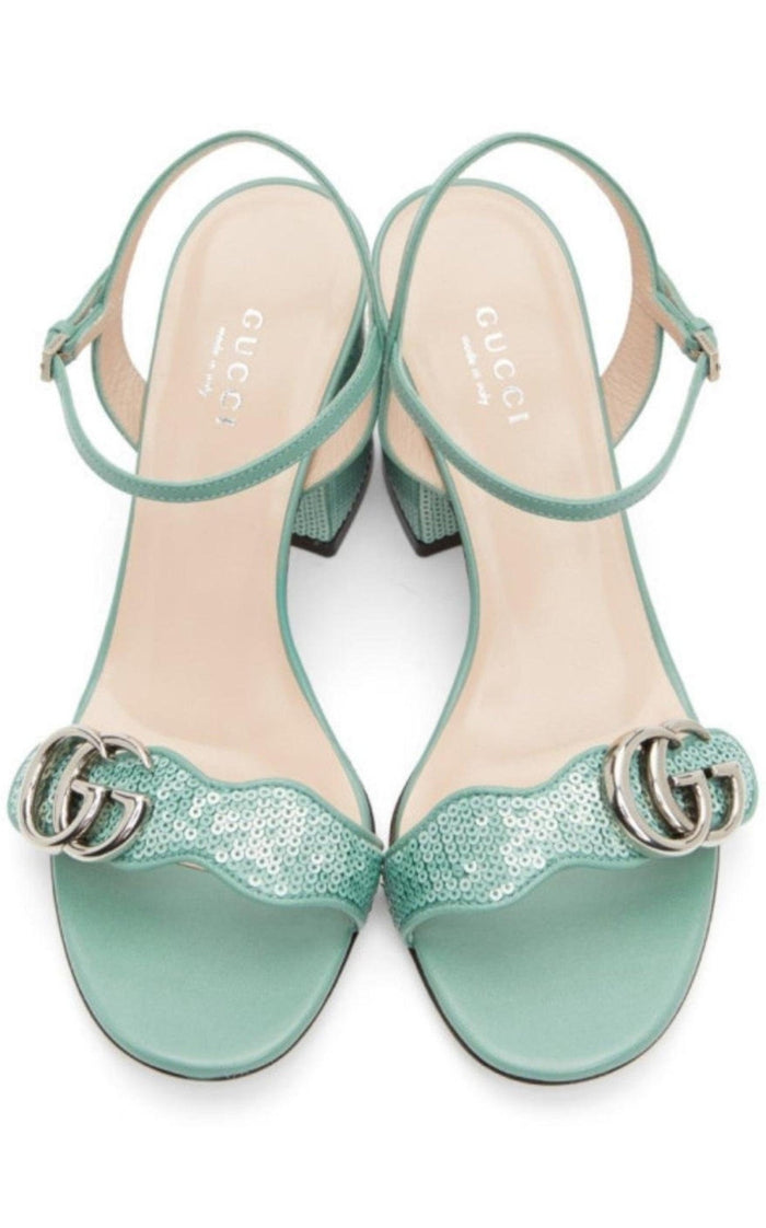 Gucci Green Sequin GG Marmont Mid Heeled Sandals - Runway Catalog