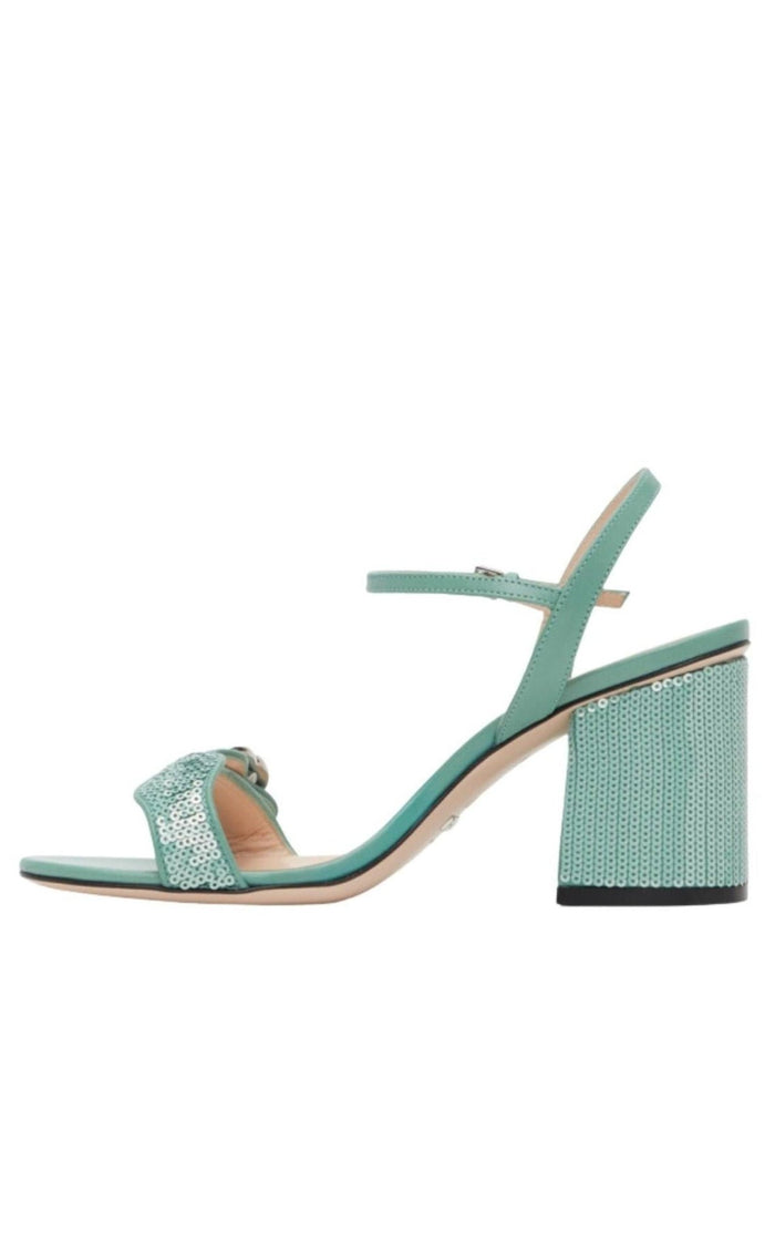 Gucci Green Sequin GG Marmont Mid Heeled Sandals - Runway Catalog