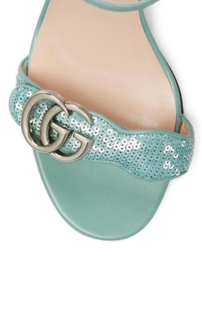 Gucci Green Sequin GG Marmont Mid Heeled Sandals - Runway Catalog