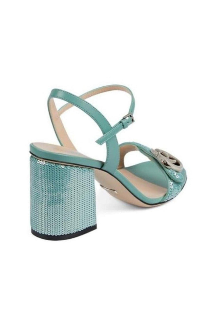 Gucci Green Sequin GG Marmont Mid Heeled Sandals - Runway Catalog