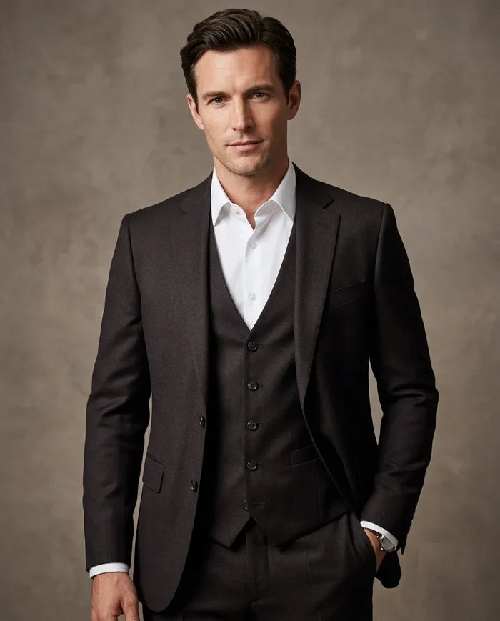 Grey Wool Classic Plain 3 Piece Men's Suit