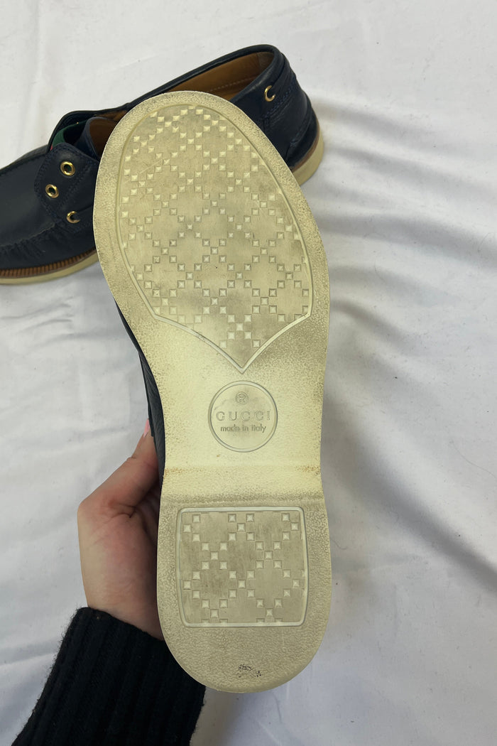 Gucci Navy Leather Web Strip Driving Shoes