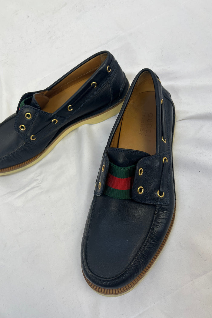 Gucci Navy Leather Web Strip Driving Shoes