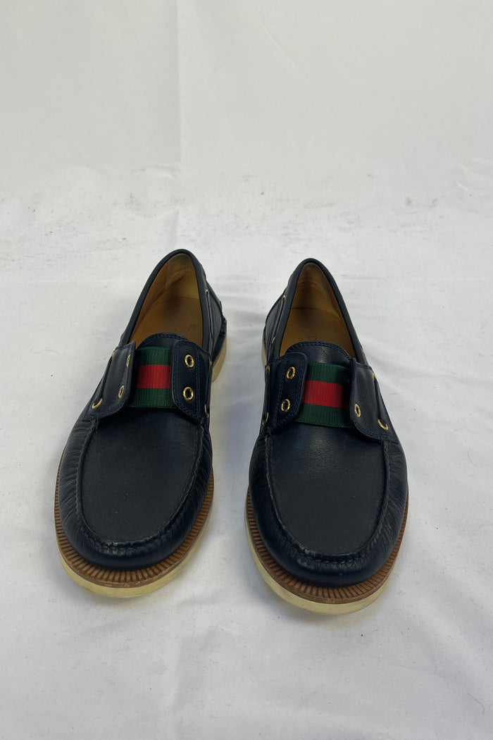 Gucci Navy Leather Web Strip Driving Shoes