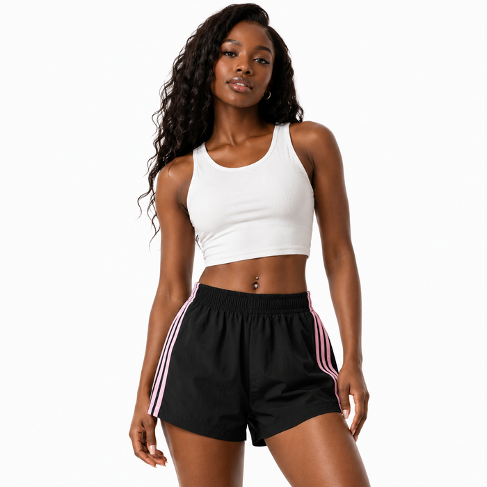 Retro gym shorts women in thin polyester fabric with splicing detail, made for sport occasions and street outfits