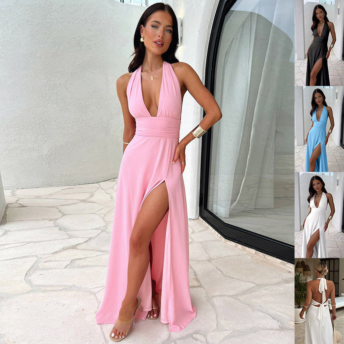 halterneck backless slit dress strappy open back summer fashion outfit walking outdoors