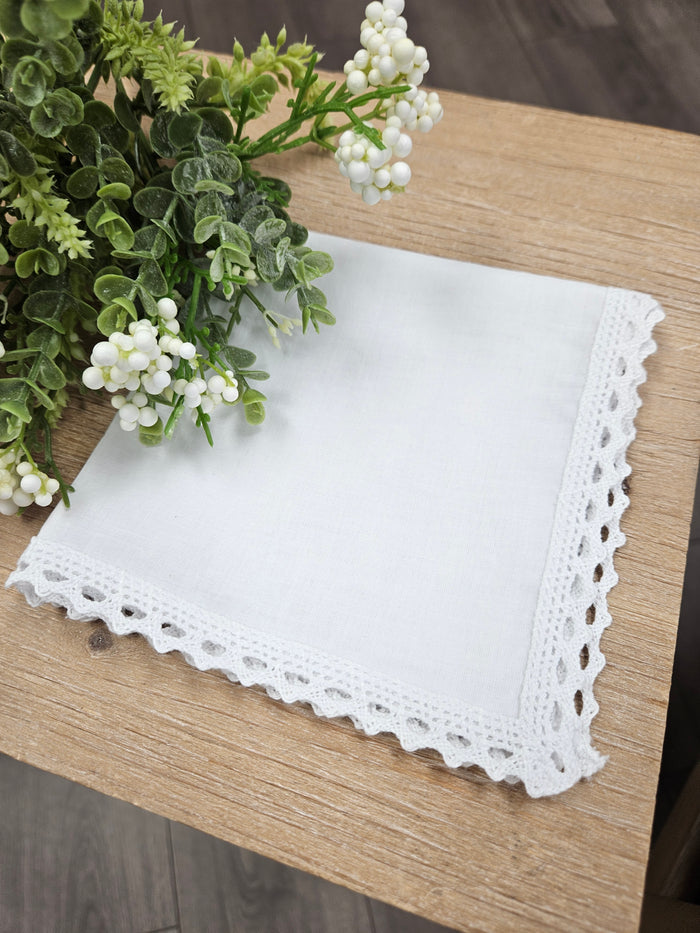 White cotton handkerchief with picot edges.