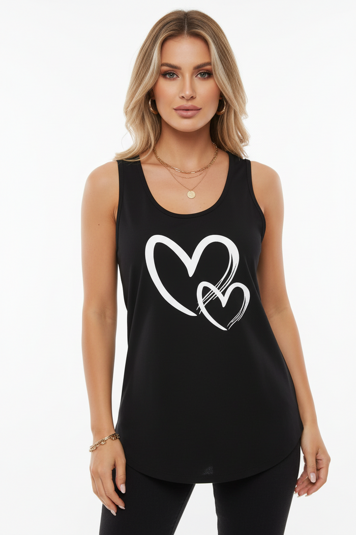 Front view of a casual heart print tank top with soft stretch fabric and clean crew neckline