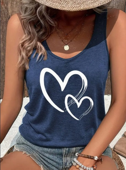 Summer outfit featuring a heart print sleeveless top layered under a light jacket