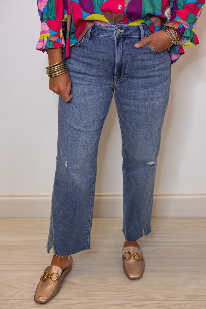 Hidden Jeans Tracy hem slit cropped straight jeans in medium dark denim showing front view